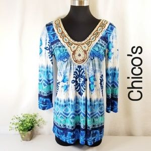 Chico’s 0 Small Blue Beaded Tunic Top 3117